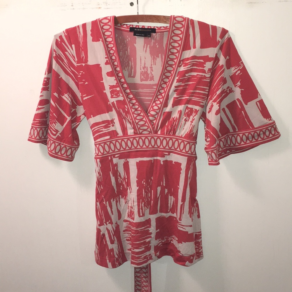 BCBGMaxAzria V Neck Top Bell Sleeve Orange Print